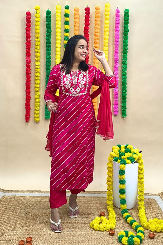 Jaipur Lehariya Print Kurti Pant Set with Gotta Patti Neckline & Chiffon Dupatta