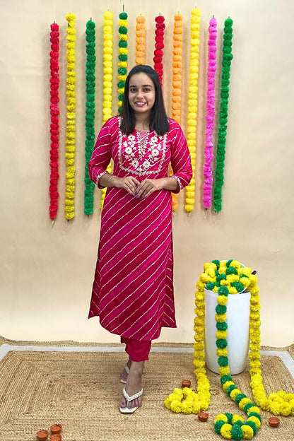 Jaipur Lehariya Print Kurti Pant Set with Gotta Patti Neckline & Chiffon Dupatta