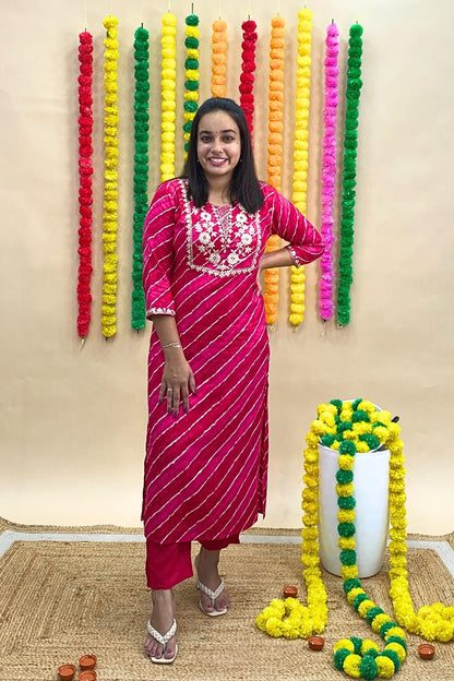 Jaipur Lehariya Print Kurti Pant Set with Gotta Patti Neckline & Chiffon Dupatta