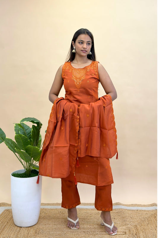 Roman Silk Sleeveless Straight Kurta Set with Square Neck, Embroidered Dupatta & Tassels