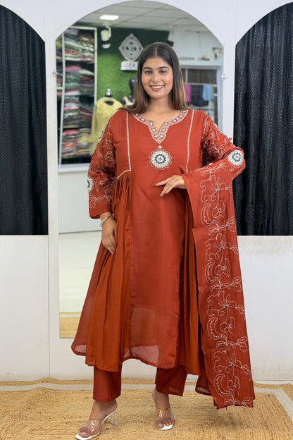 Chanderi Silk A-Line Anarkali Kurta Pant Dupatta Set with Floral Thread Embroidery