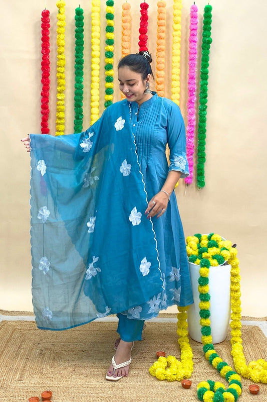 Premium Mul Chanderi Anarkali Kurti Set with Embroidery – Designer Pleated Neckline & Organza Dupatta