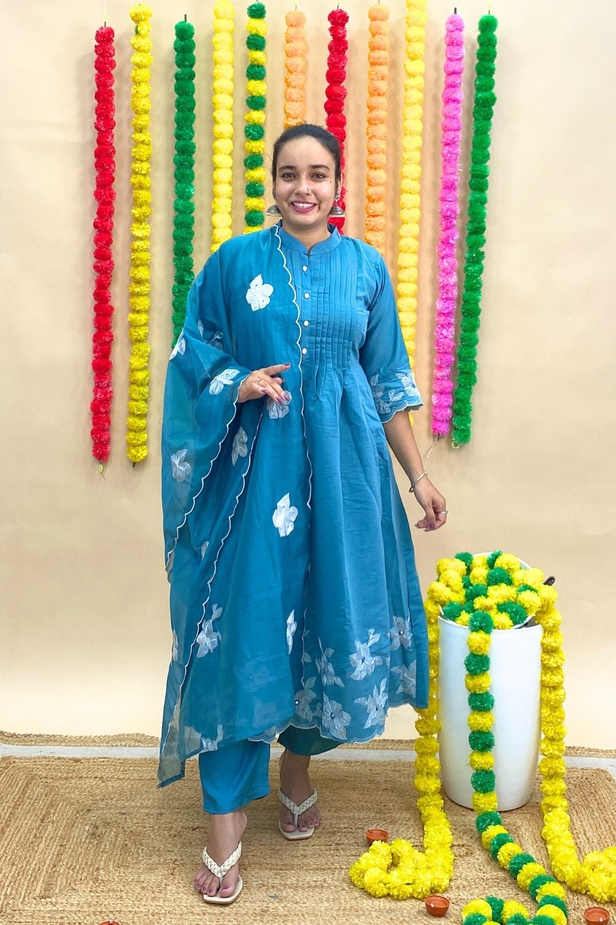 Premium Mul Chanderi Anarkali Kurti Set with Embroidery – Designer Pleated Neckline & Organza Dupatta