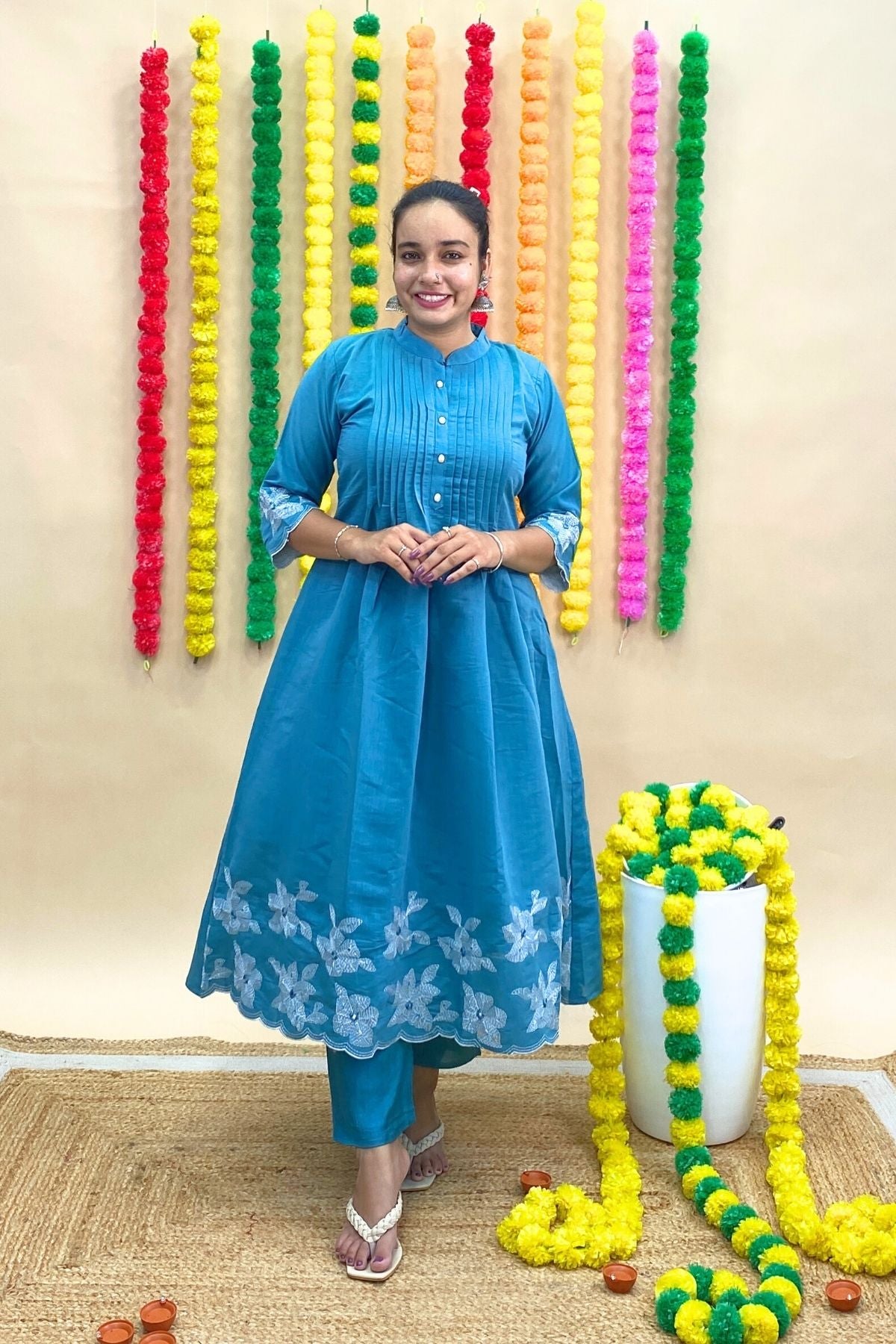 Premium Mul Chanderi Anarkali Kurti Set with Embroidery – Designer Pleated Neckline & Organza Dupatta