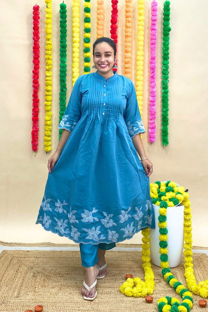 Premium Mul Chanderi Anarkali Kurti Set with Embroidery – Designer Pleated Neckline & Organza Dupatta