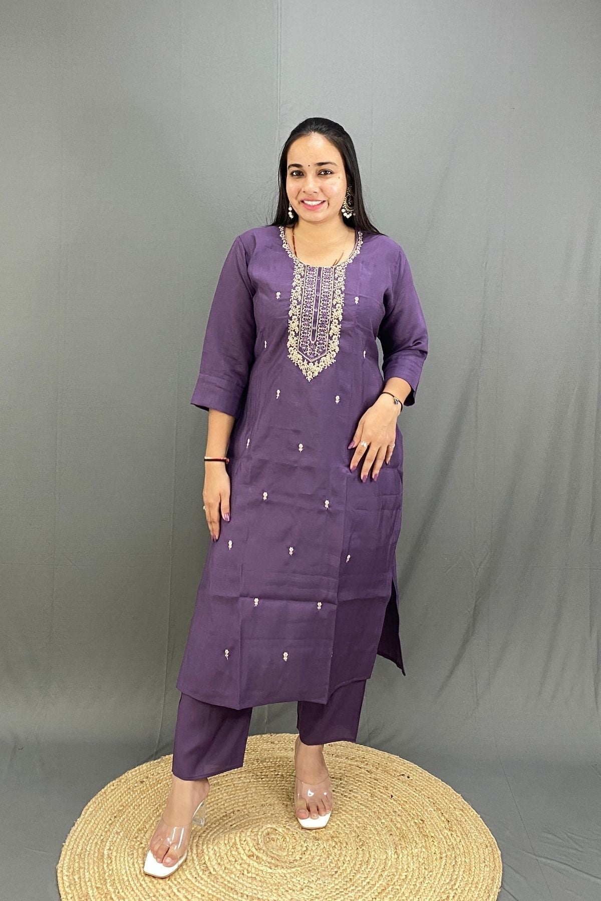 Graceful Roman Silk Kurti Pant Set with Zari & Mirror Work Neckline & Floral Organza Dupatta