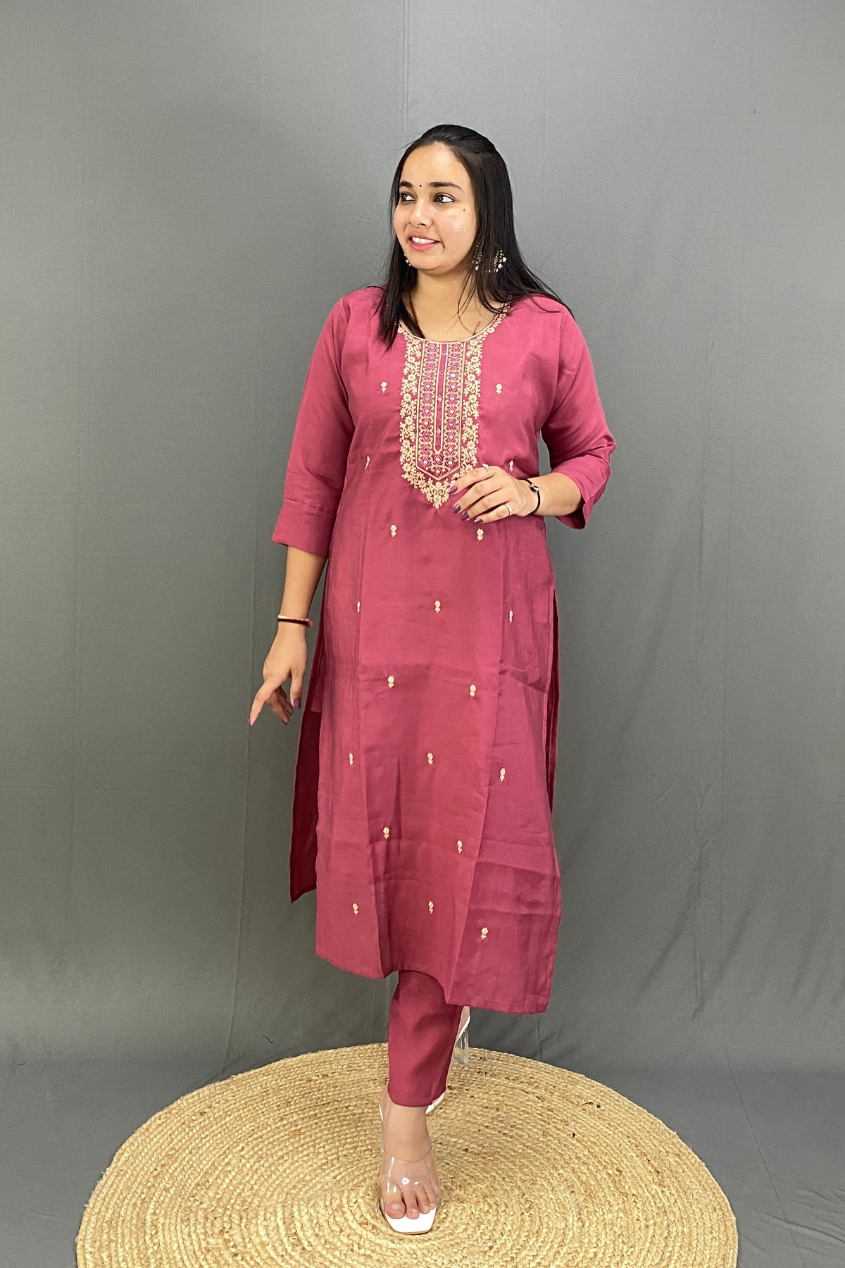 Graceful Roman Silk Kurti Pant Set with Zari & Mirror Work Neckline & Floral Organza Dupatta