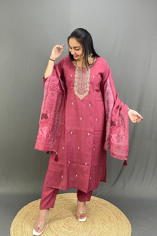 Graceful Roman Silk Kurti Pant Set with Zari & Mirror Work Neckline & Floral Organza Dupatta