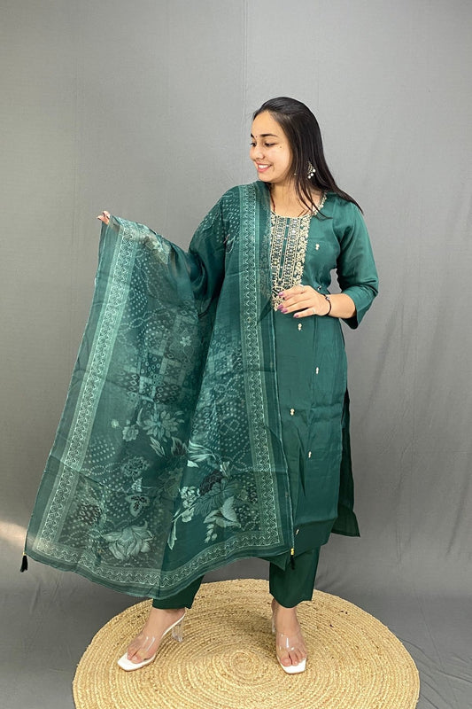 Graceful Roman Silk Kurti Pant Set with Zari & Mirror Work Neckline & Floral Organza Dupatta