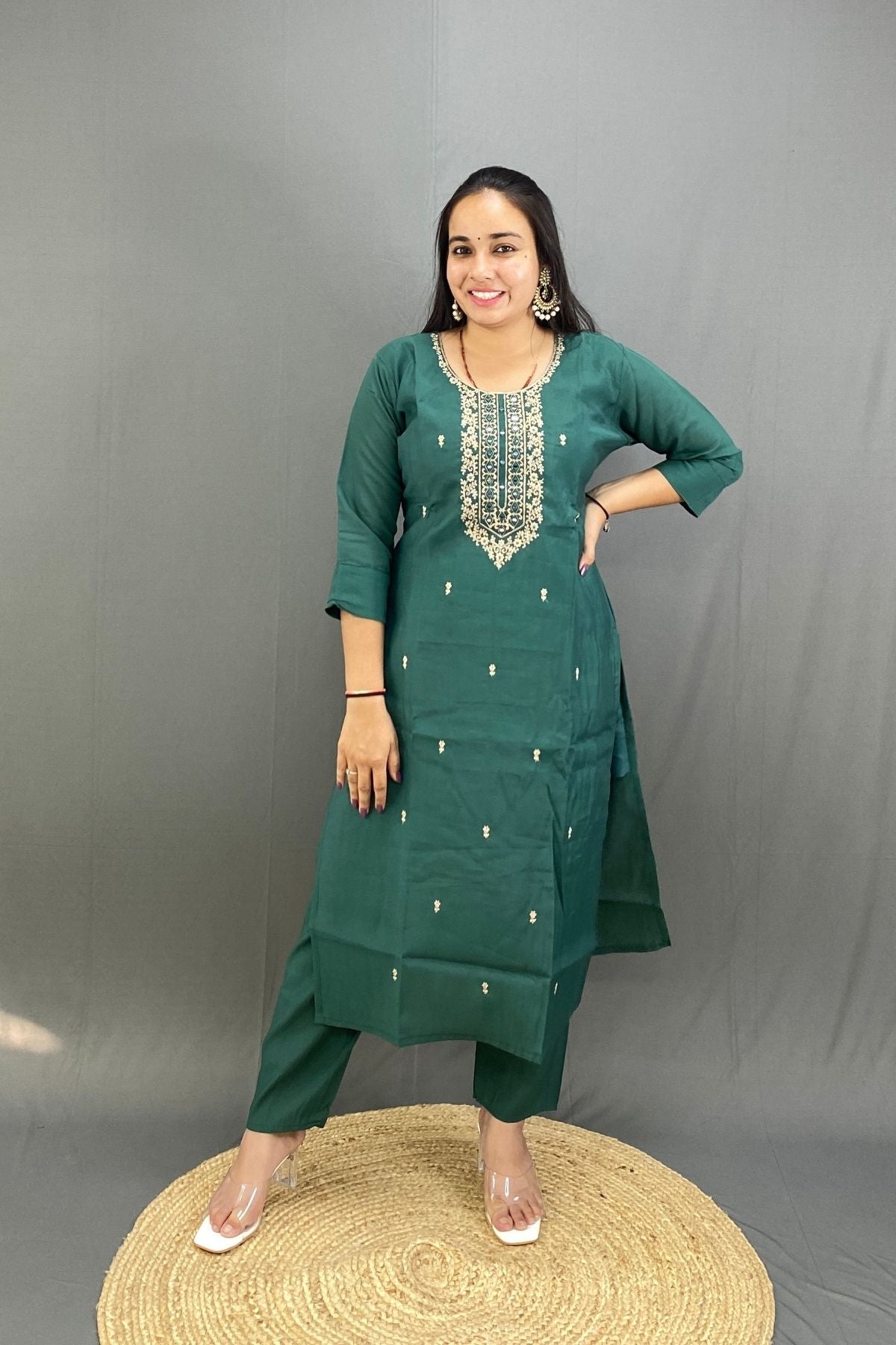 Graceful Roman Silk Kurti Pant Set with Zari & Mirror Work Neckline & Floral Organza Dupatta