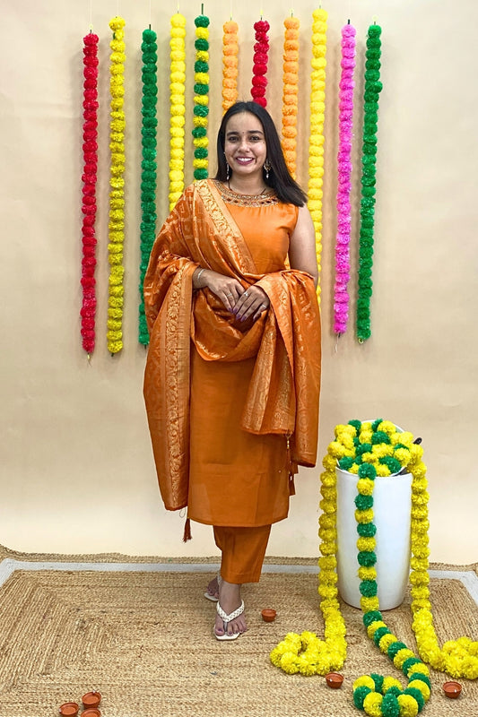 Premium Silk Sleeveless Kurti Pant Set with Banarasi Dupatta – Cut Dana, Mirror & Threadwork Neck Design