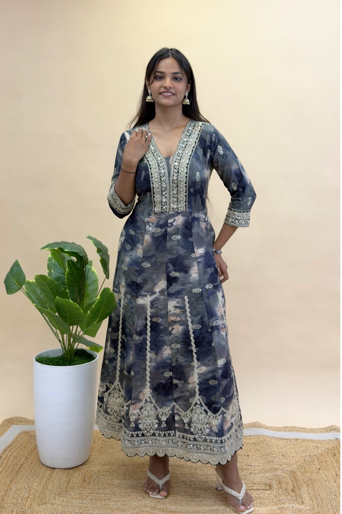 Heavy Rayon Tie-Dye Print V-Neck Full Ghera Anarkali Kurti Pant Set