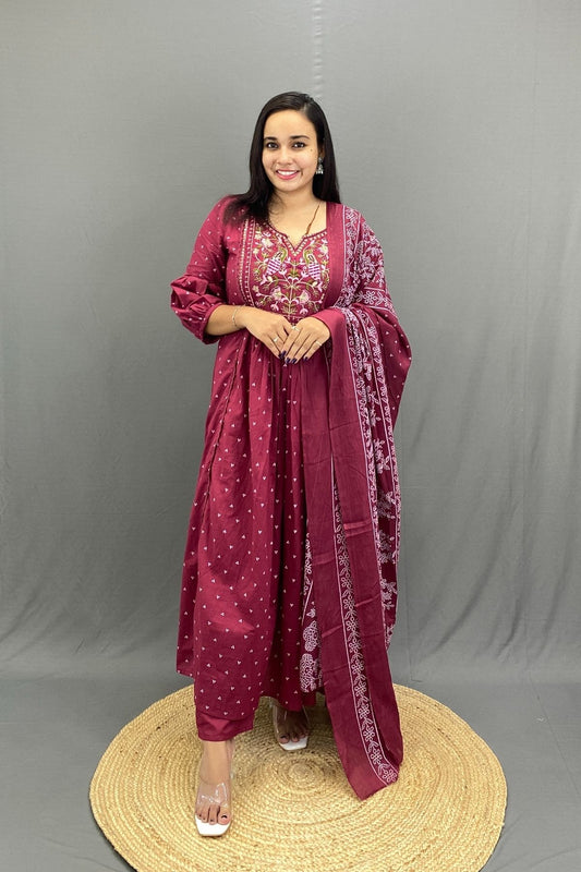 Maroon Ghera Kurti Pant Set with Multicolor Peacock Embroidery & Mulmul Cotton Dupatta