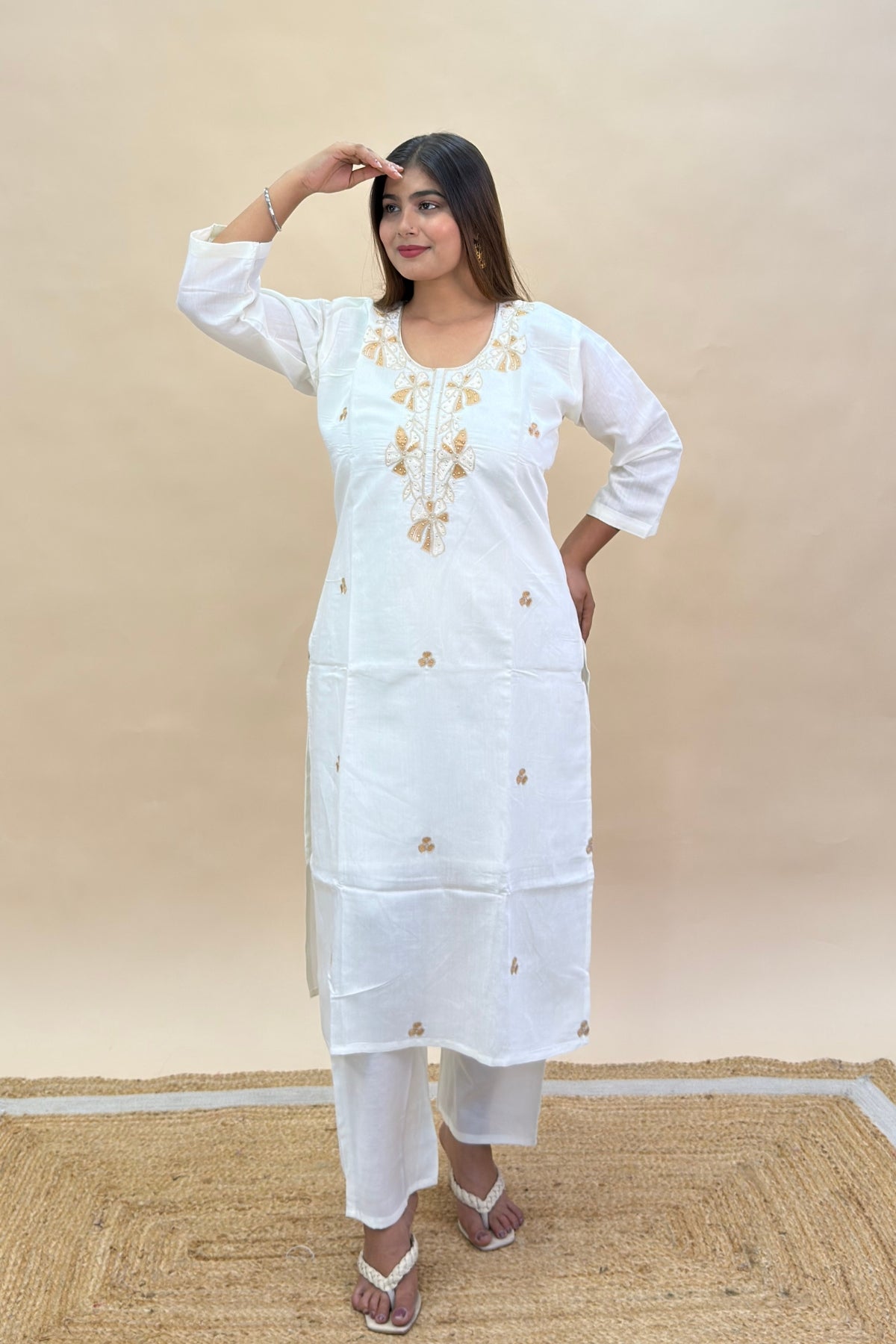 Silk Kurta Pant Set with Contrast Thread Work & Organza Embroidered Dupatta
