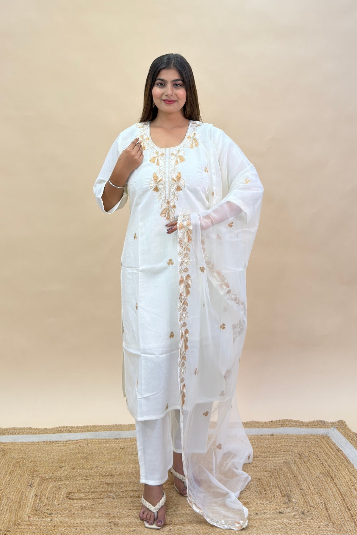 Silk Kurta Pant Set with Contrast Thread Work & Organza Embroidered Dupatta
