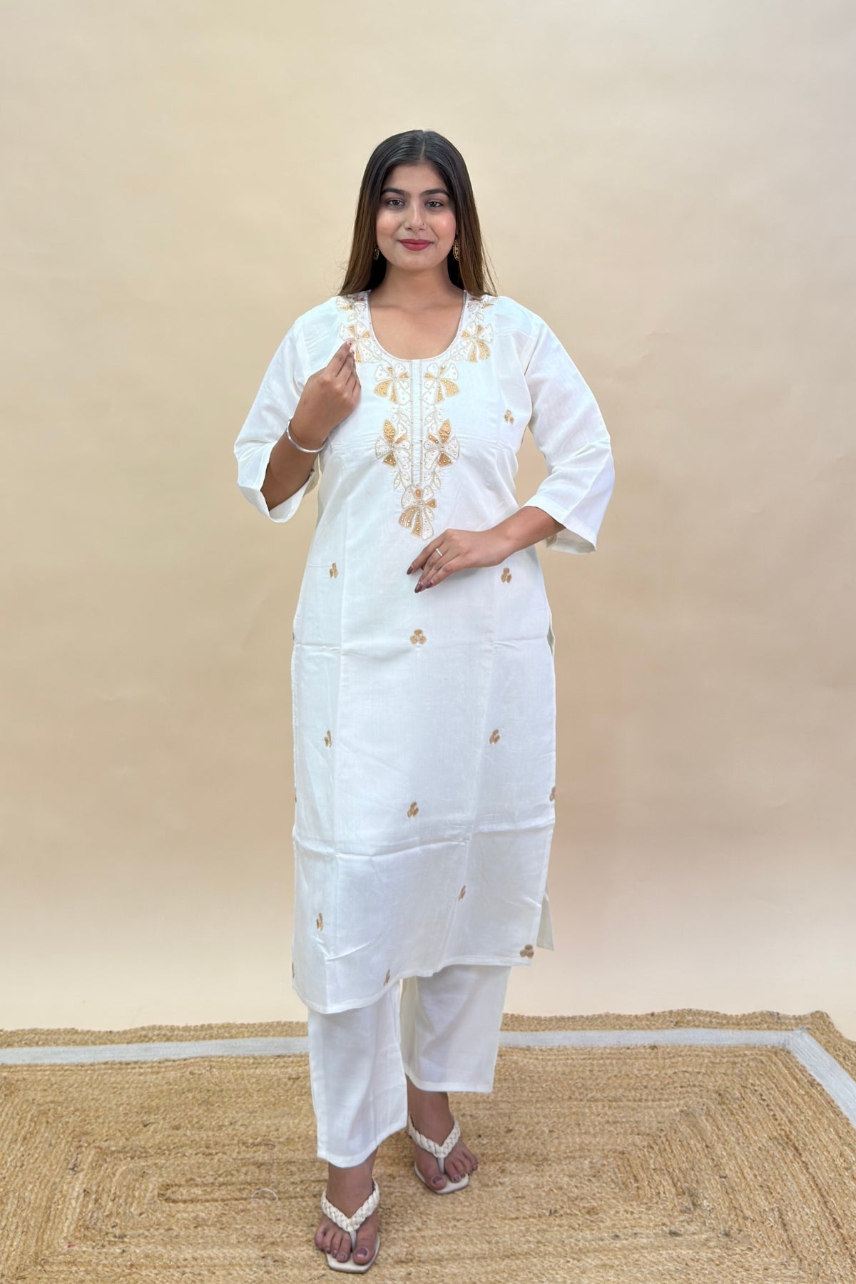 Silk Kurta Pant Set with Contrast Thread Work & Organza Embroidered Dupatta