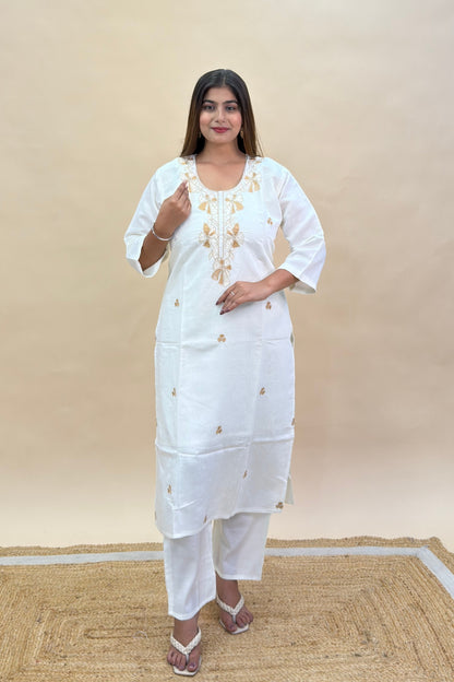 Silk Kurta Pant Set with Contrast Thread Work & Organza Embroidered Dupatta