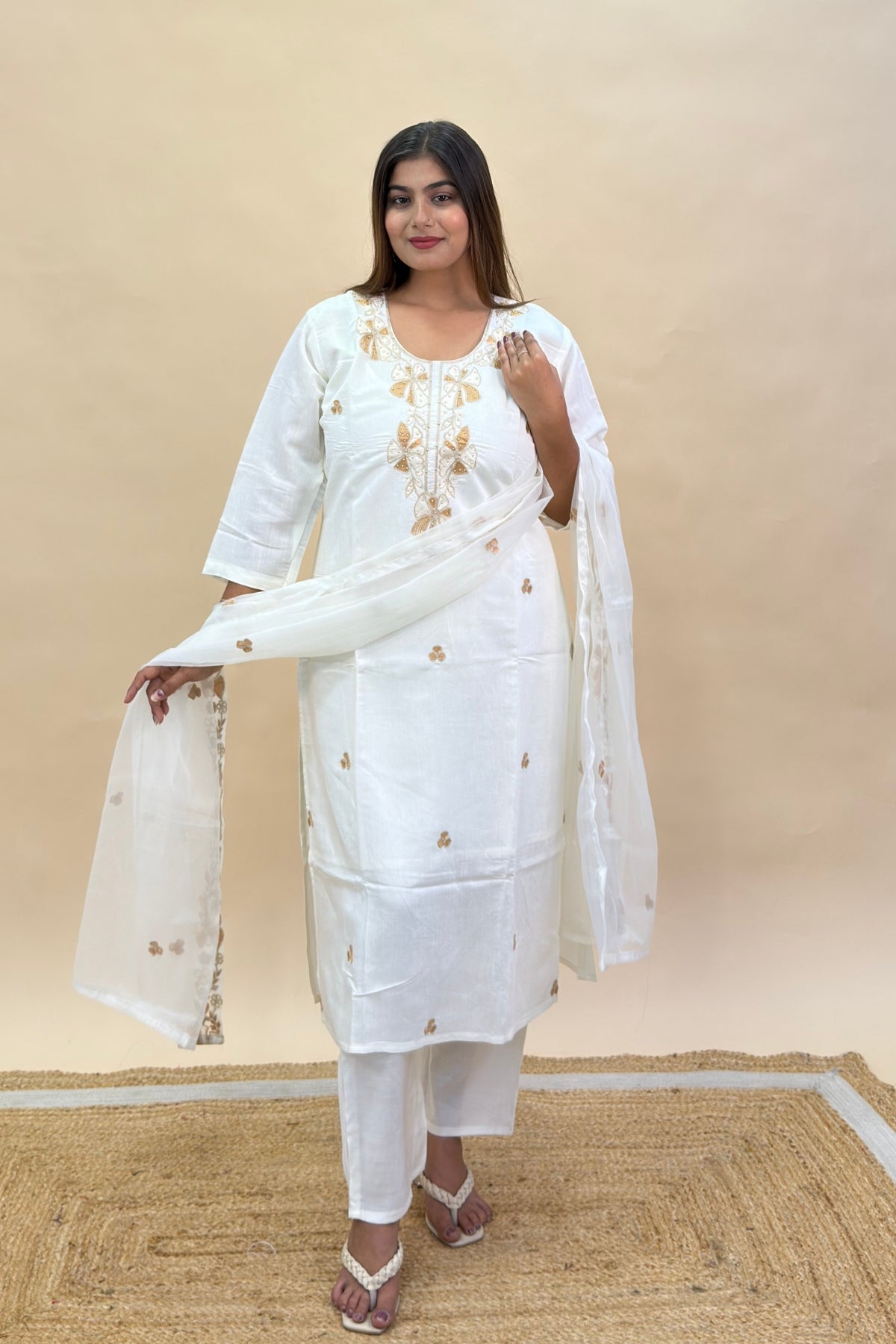 Silk Kurta Pant Set with Contrast Thread Work & Organza Embroidered Dupatta