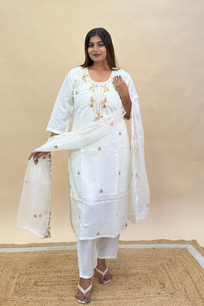 Silk Kurta Pant Set with Contrast Thread Work & Organza Embroidered Dupatta