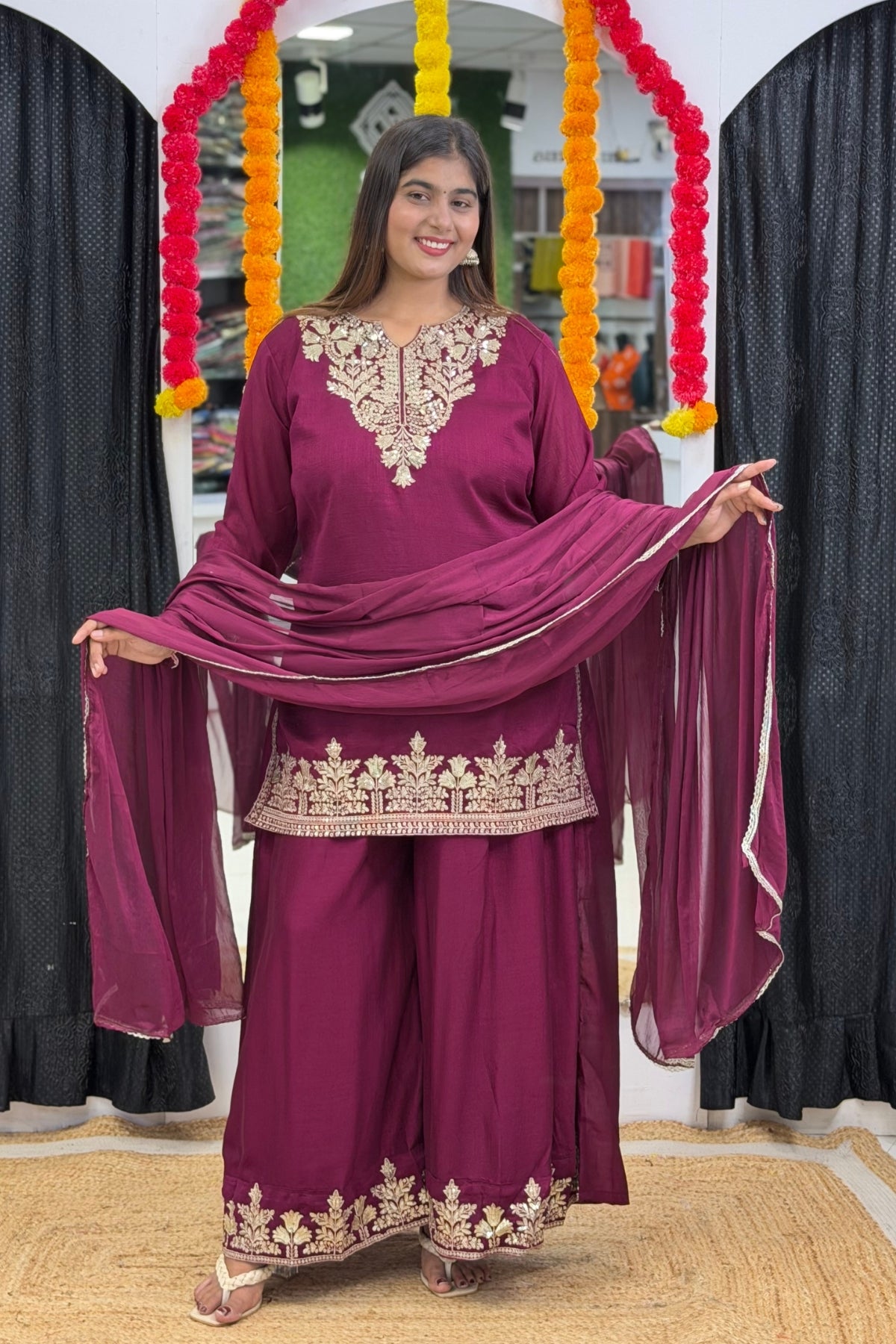 Vichitra Silk Short Kurti Palazzo Dupatta Set with Golden Zari Tikki & Floral Embroidery