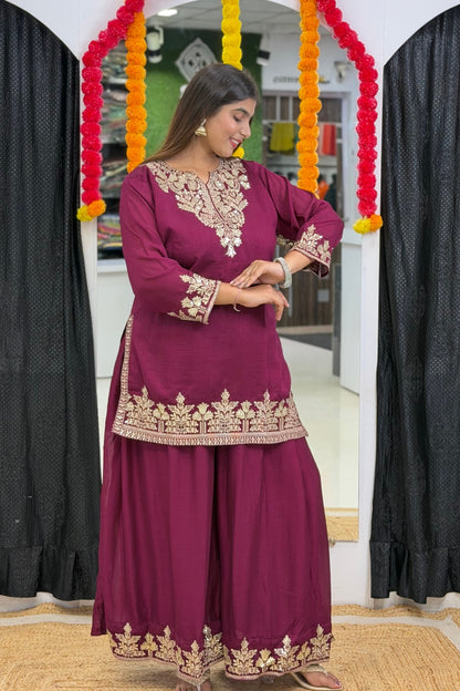 Vichitra Silk Short Kurti Palazzo Dupatta Set with Golden Zari Tikki & Floral Embroidery
