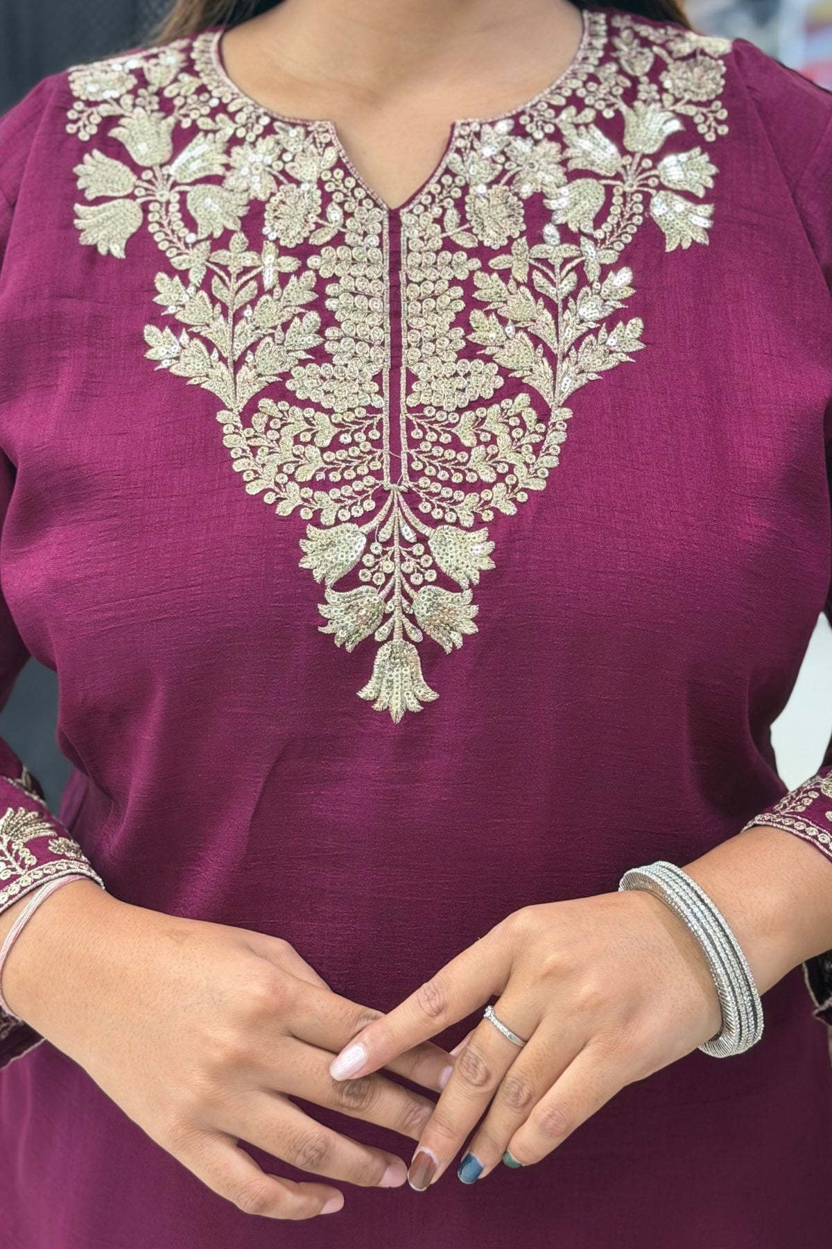 Vichitra Silk Short Kurti Palazzo Dupatta Set with Golden Zari Tikki & Floral Embroidery