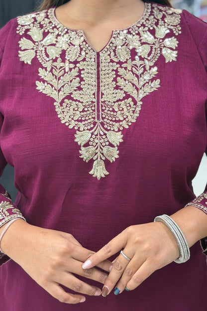 Vichitra Silk Short Kurti Palazzo Dupatta Set with Golden Zari Tikki & Floral Embroidery