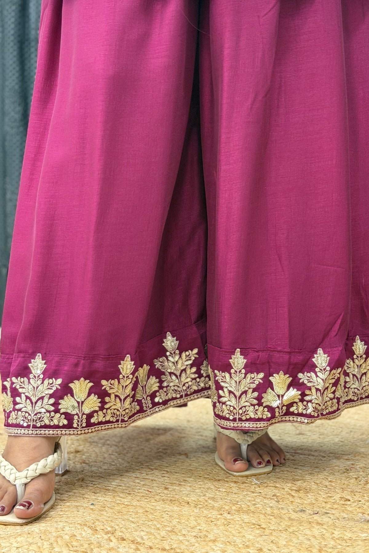 Vichitra Silk Short Kurti Palazzo Dupatta Set with Golden Zari Tikki & Floral Embroidery