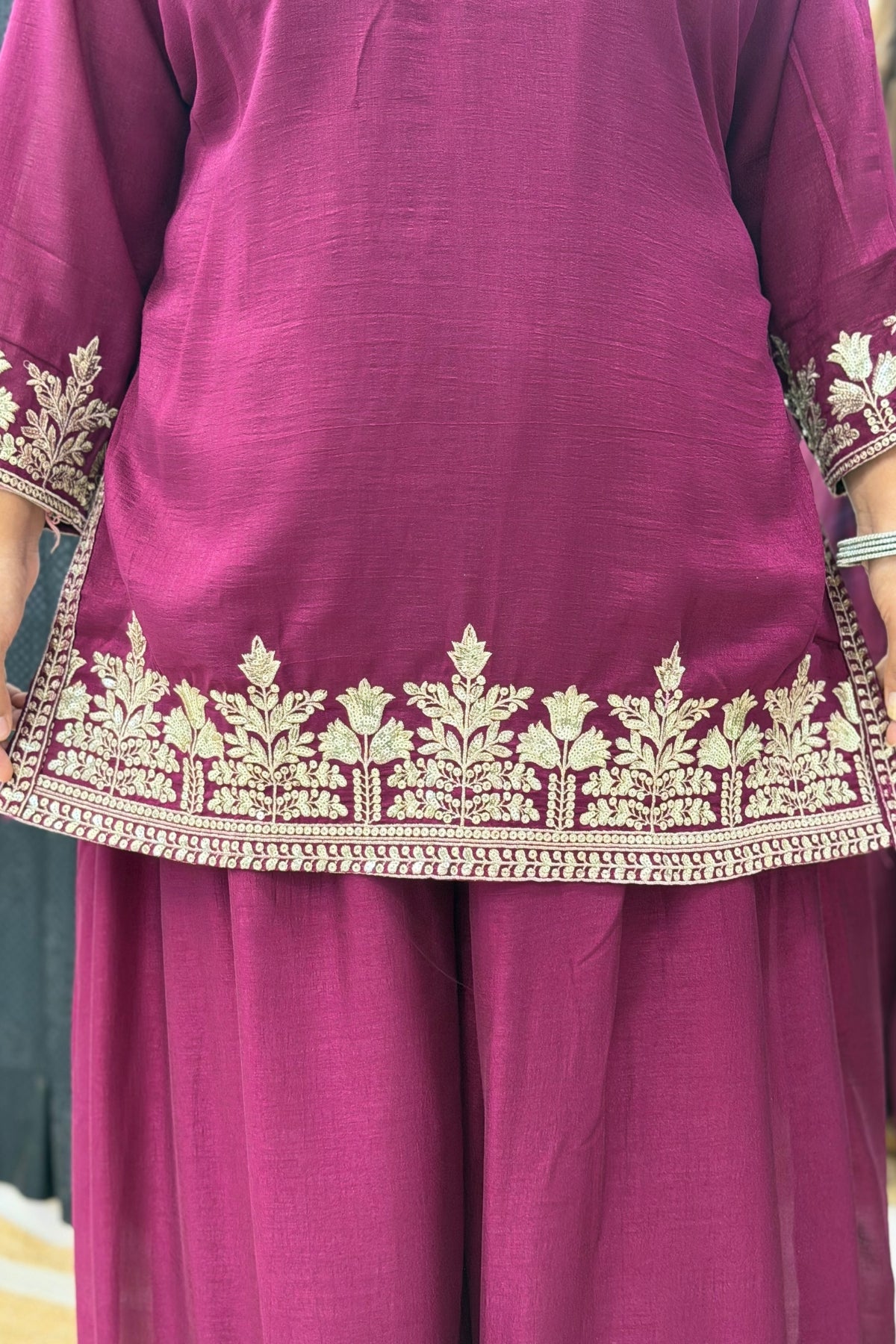 Vichitra Silk Short Kurti Palazzo Dupatta Set with Golden Zari Tikki & Floral Embroidery