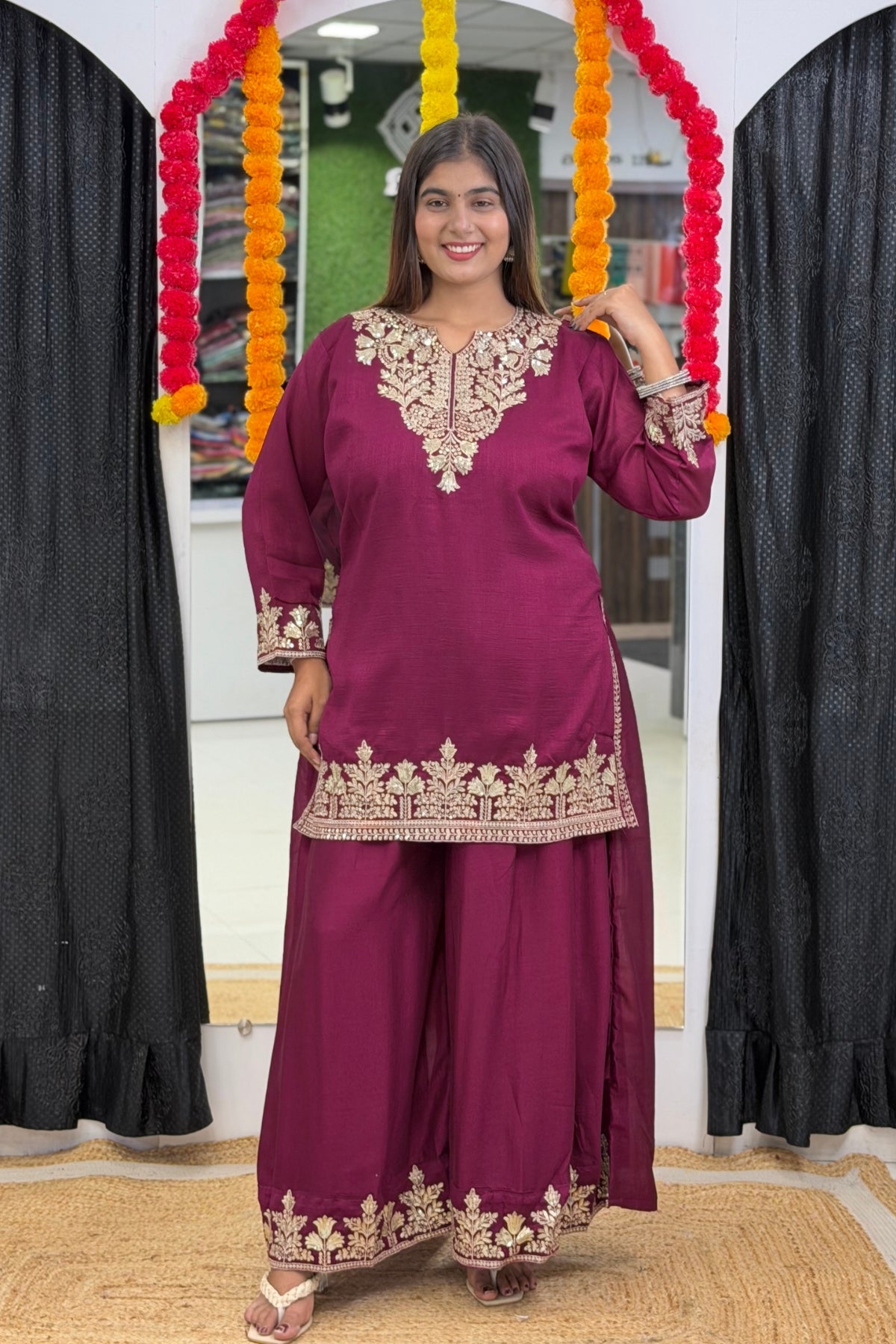 Vichitra Silk Short Kurti Palazzo Dupatta Set with Golden Zari Tikki & Floral Embroidery