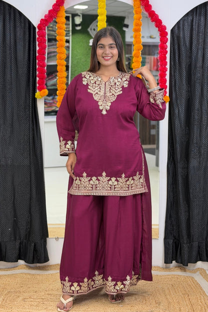 Vichitra Silk Short Kurti Palazzo Dupatta Set with Golden Zari Tikki & Floral Embroidery
