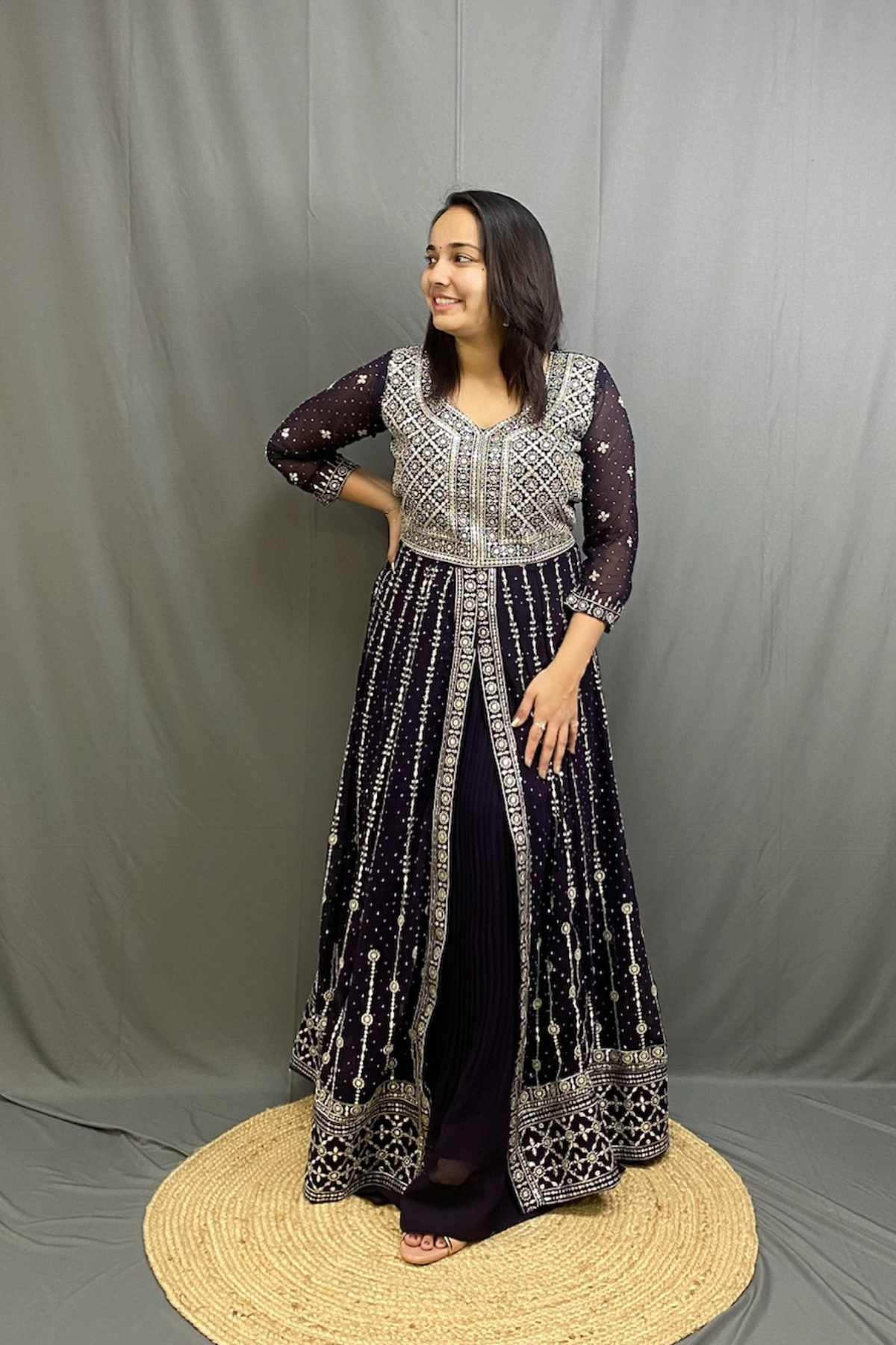 Georgette Anarkali Kurta with Middle Cut and Sequined Skirt, Stylish Neck Dupatta