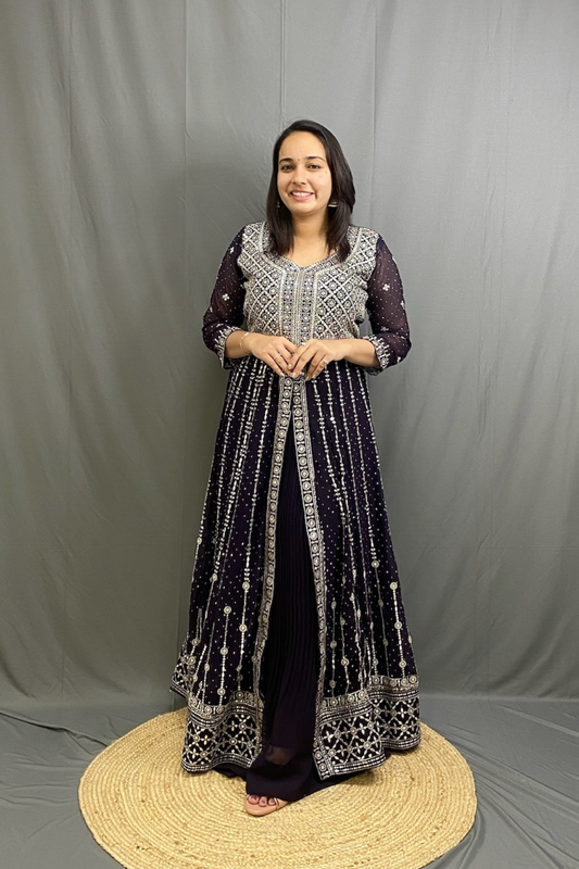 Georgette Anarkali Kurta with Middle Cut and Sequined Skirt, Stylish Neck Dupatta