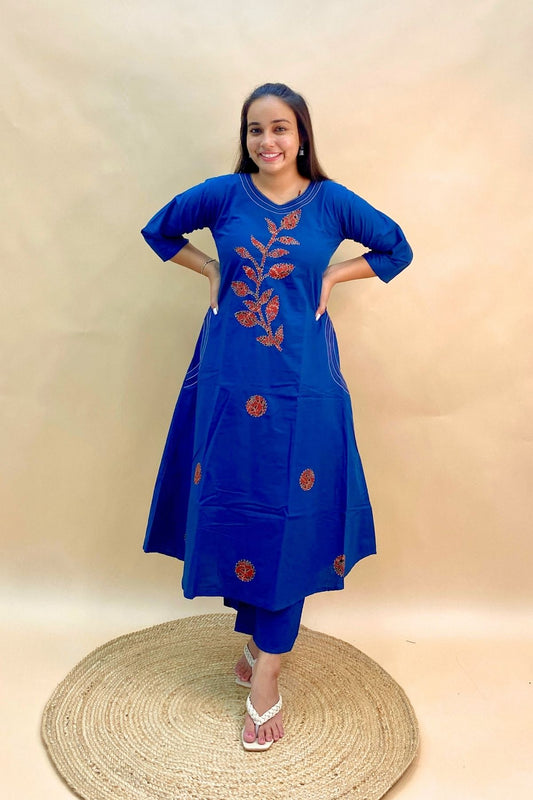 A Line Kurti Pant Co-ord Set with Patchwork, Thread Embroidery & Both Side Pockets