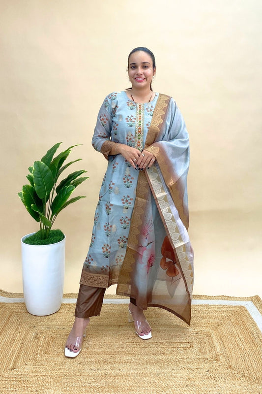 Jacquard Kurti Pant Dupatta Set with Contrast Bottom, Rich Everyday Ethnic Wear