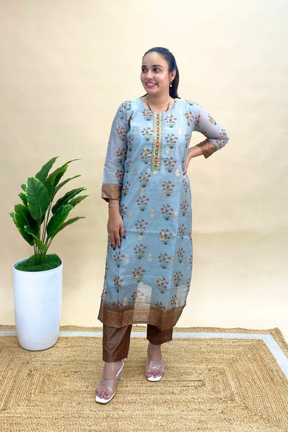 Jacquard Kurti Pant Dupatta Set with Contrast Bottom, Rich Everyday Ethnic Wear