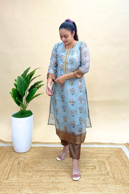 Jacquard Kurti Pant Dupatta Set with Contrast Bottom, Rich Everyday Ethnic Wear