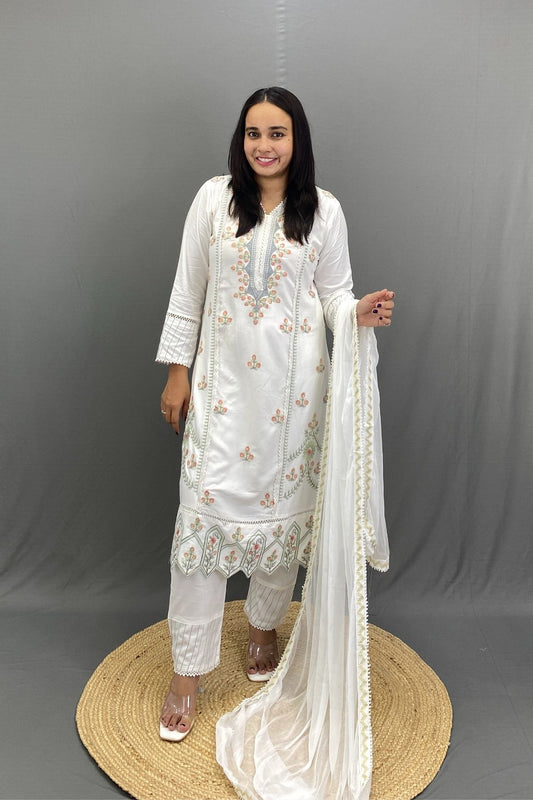 White Pakistani Style Kurta Set with Intricate Embroidery, Lace Work & Chiffon Dupatta