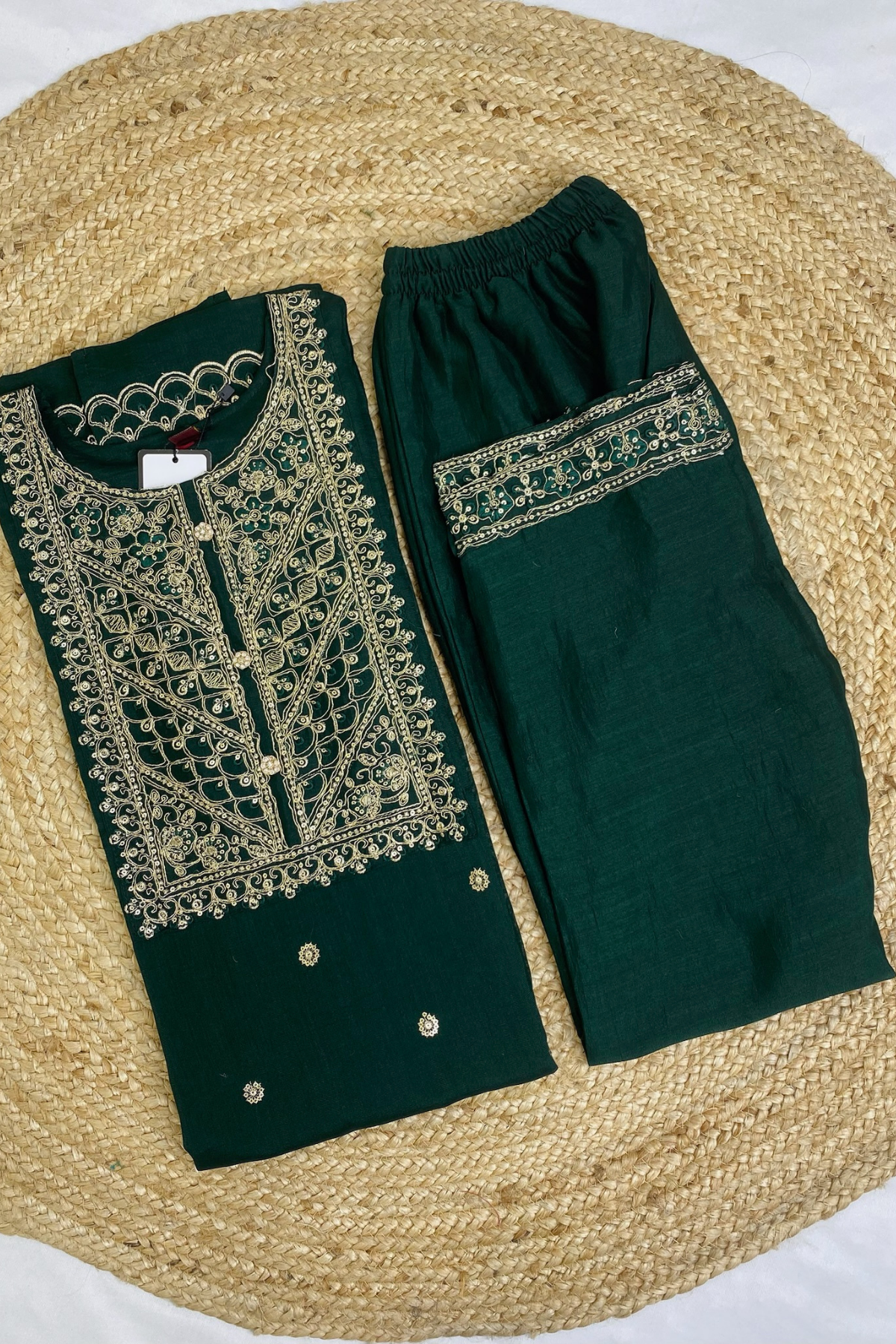 Plus-Size Roman Silk Kurti Pant Set with Intricate Zari Work & Stylish Handbag