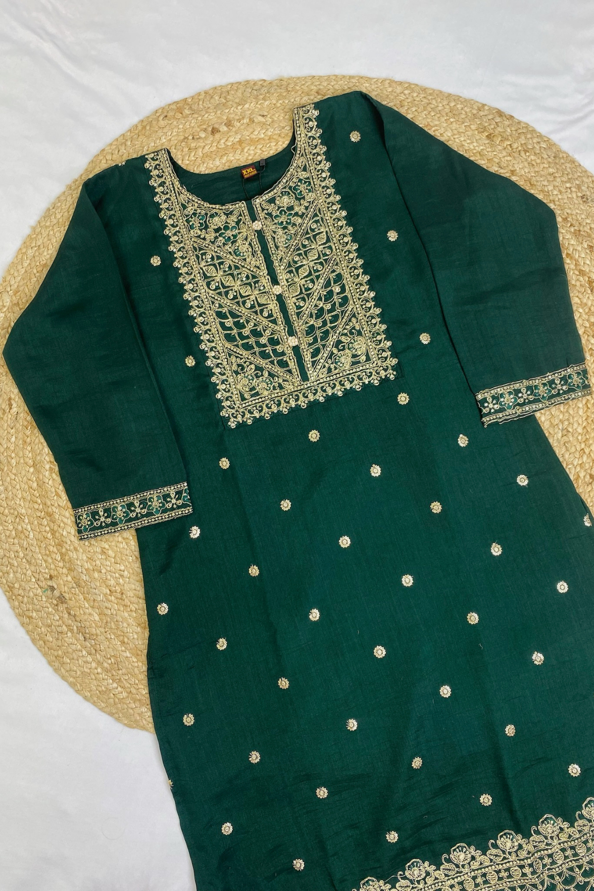 Plus-Size Roman Silk Kurti Pant Set with Intricate Zari Work & Stylish Handbag