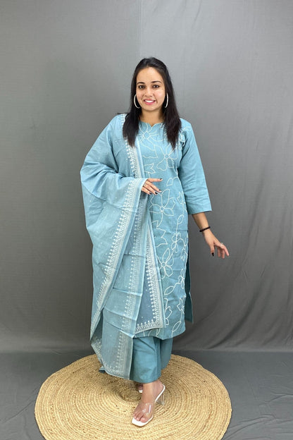Sky Blue Cotton Dress with Mulmul Dupatta and White Hand Embroidery