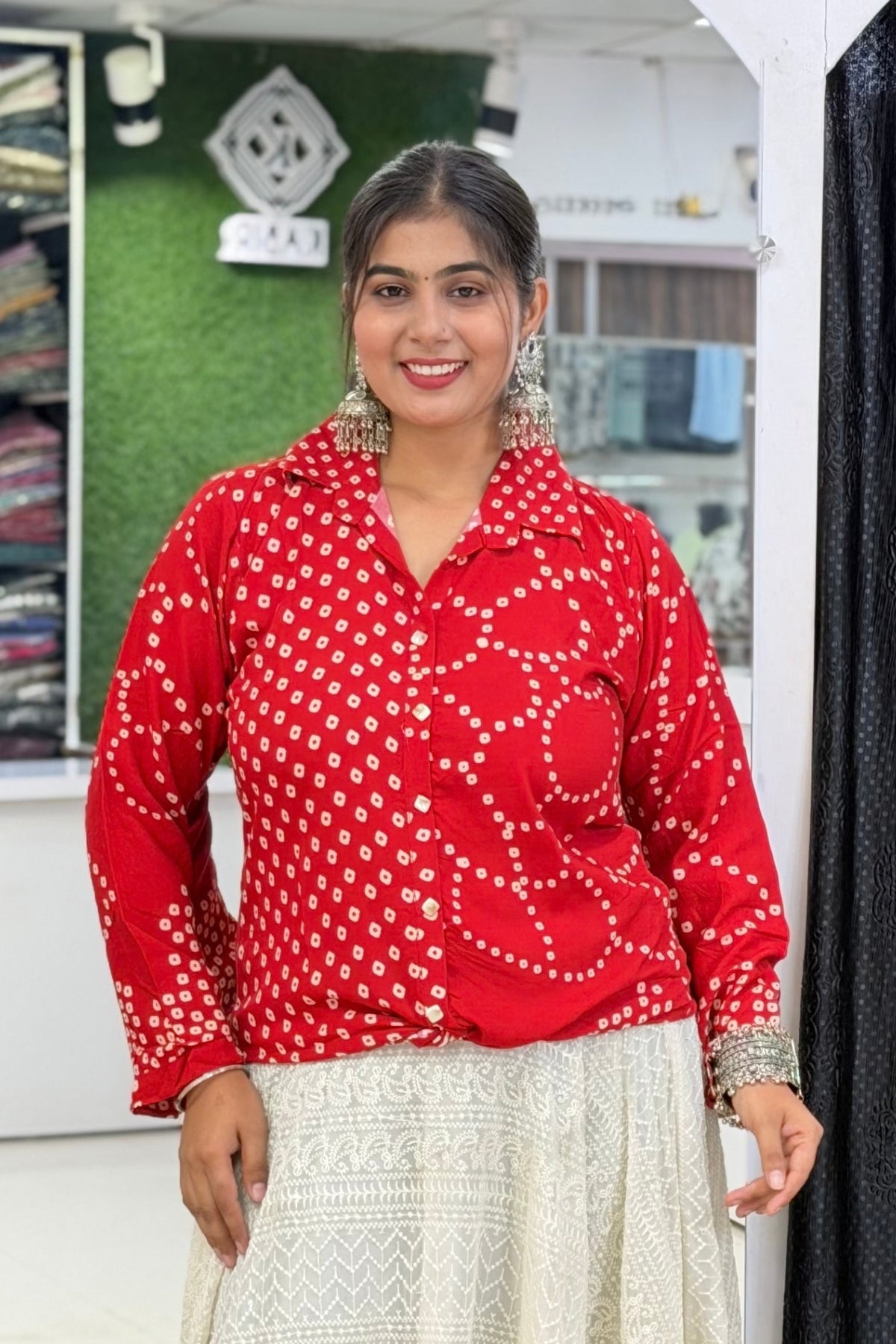 Heavy Rayon Bandhej Print Full-Sleeve Ethnic Fusion Shirt Style Short Kurti