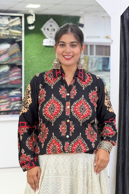 Heavy Rayon Bandhej Print Full-Sleeve Ethnic Fusion Shirt Style Short Kurti