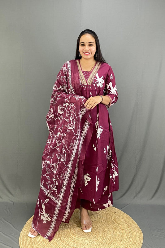 Luxury Cotton A-Line Kurti Palazzo Set with Elegant V-Neck Detailing & Dupatta