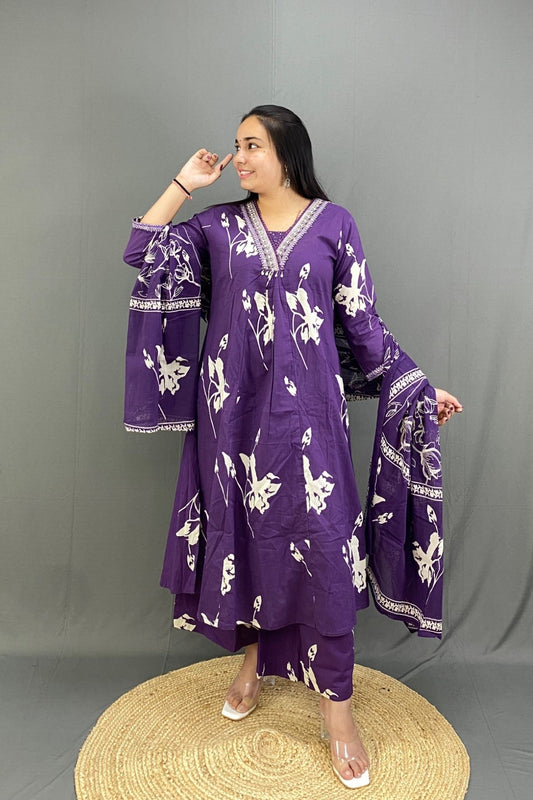 Luxury Cotton A-Line Kurti Palazzo Set with Elegant V-Neck Detailing & Dupatta