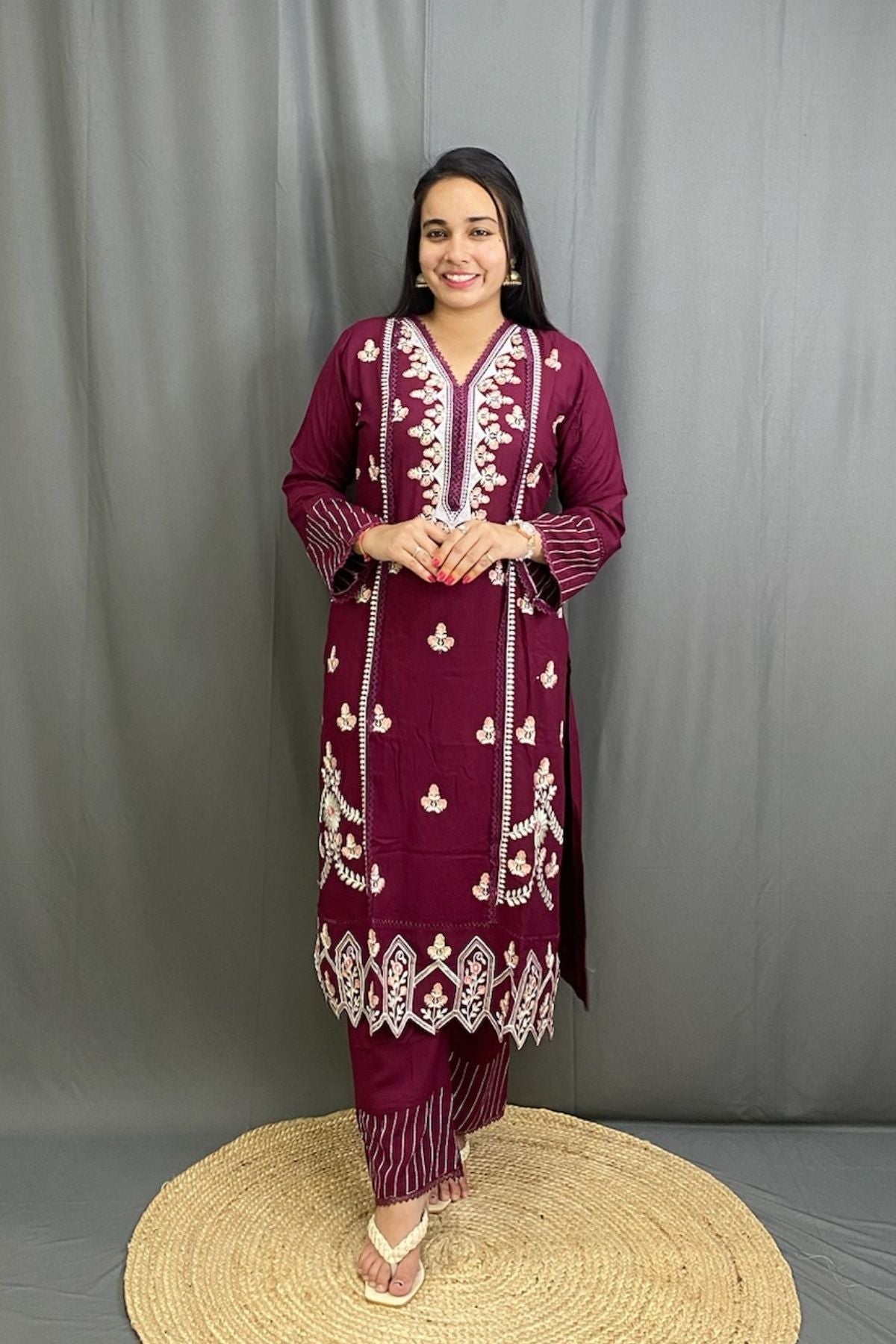 Pakistani Style Heavy Reyon Embroidered Suit Set with Lace Work & Chiffon Dupatta