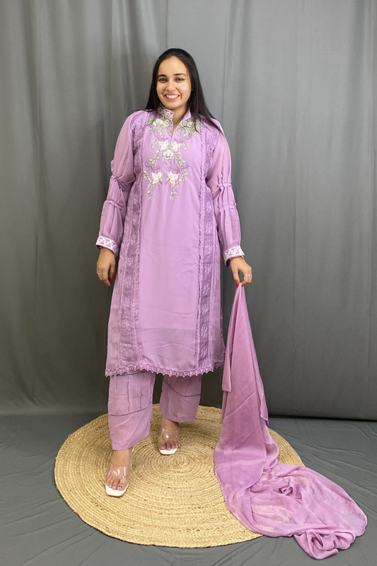 Georgette Suit Set with Embroidery and Lace Detailing & Pakistani Style Sleeves