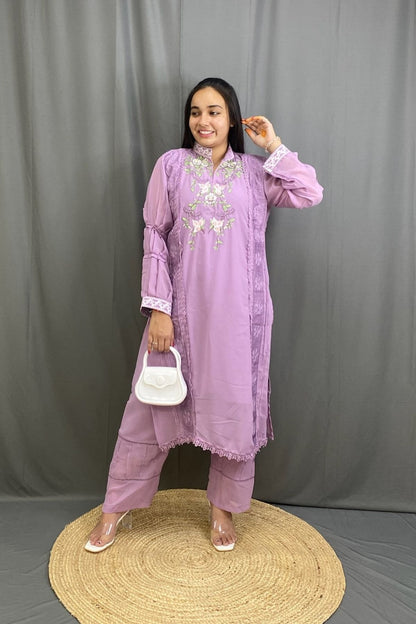 Georgette Suit Set with Embroidery and Lace Detailing & Pakistani Style Sleeves