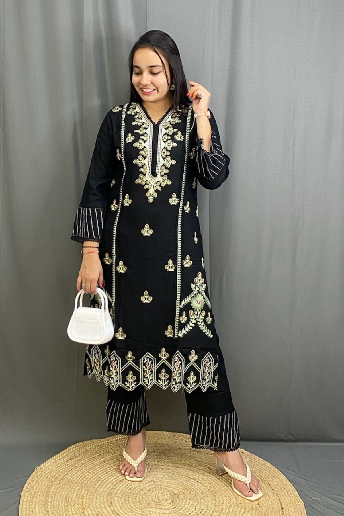 Pakistani Style Heavy Reyon Embroidered Suit Set with Lace Work & Chiffon Dupatta