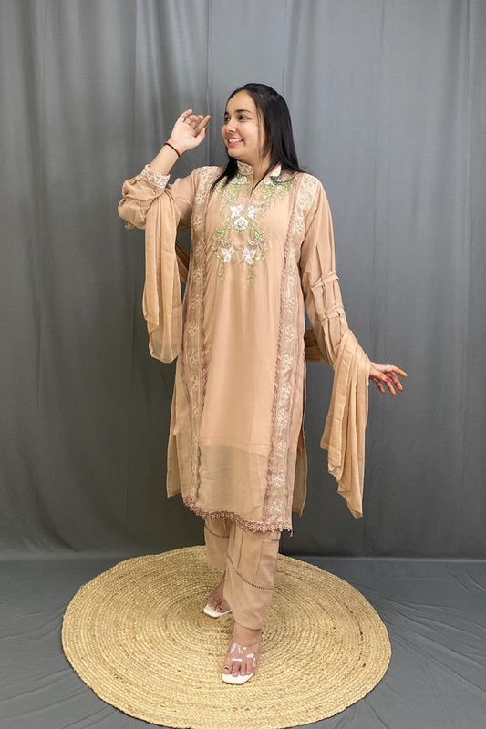 Georgette Suit Set with Embroidery and Lace Detailing & Pakistani Style Sleeves